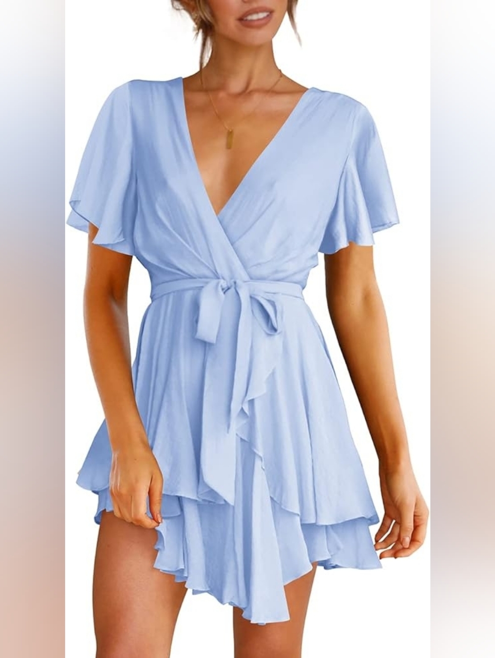 Women's Dress Deep V-Neck Long Sleeve Waist Tie Ruffle Mini Swing Skater Dresses